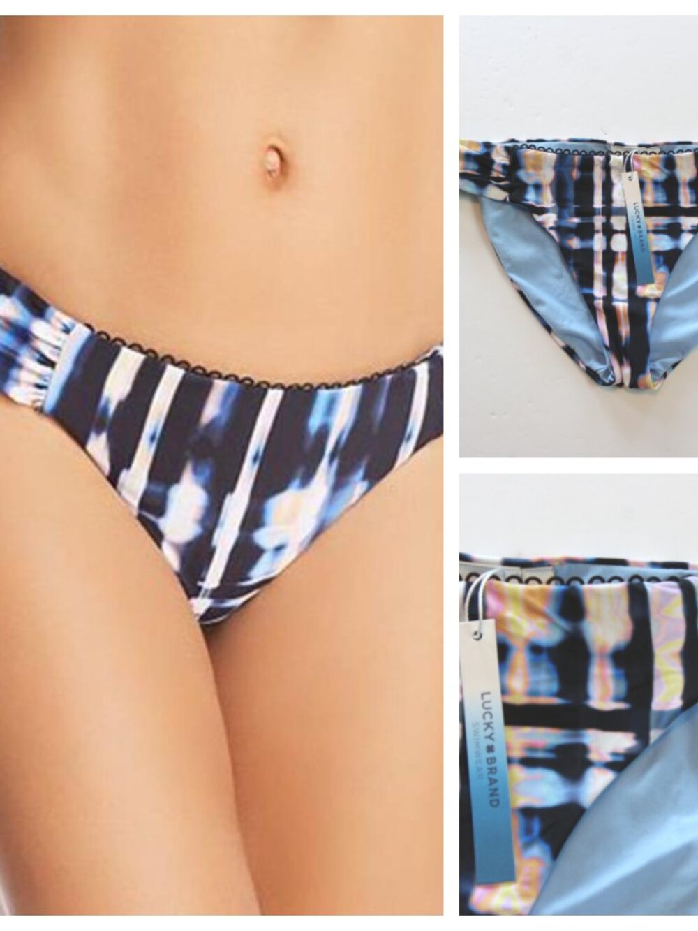 Lucky Brand Black Blue Tie Dye Bikini Bottoms Swimsuit Size Medium NWT